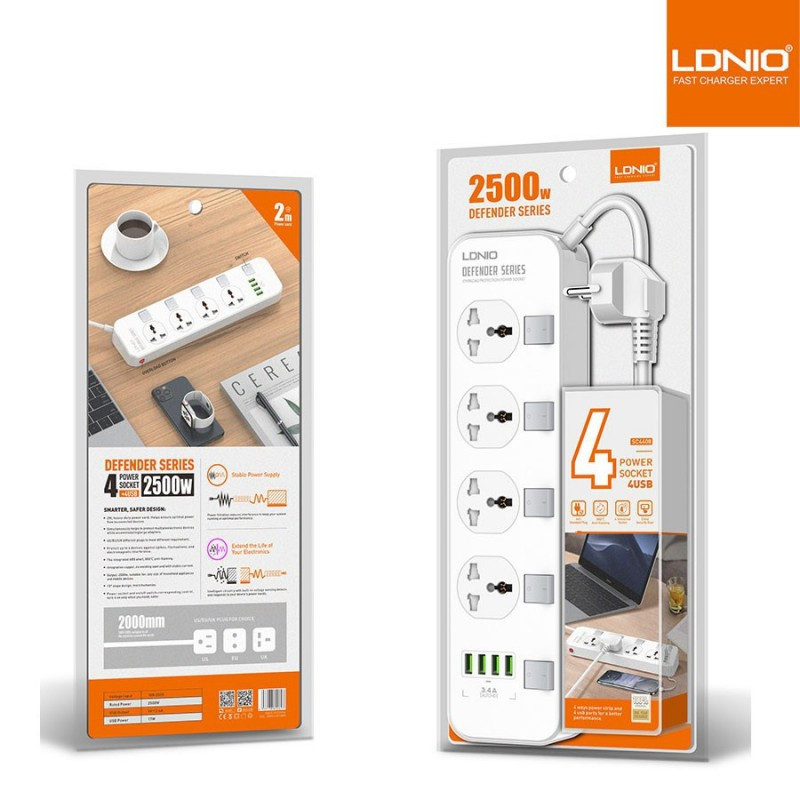 LDNIO SC4408 4 Power Socket + 4 USB Charging Port Defender Series (2500W)