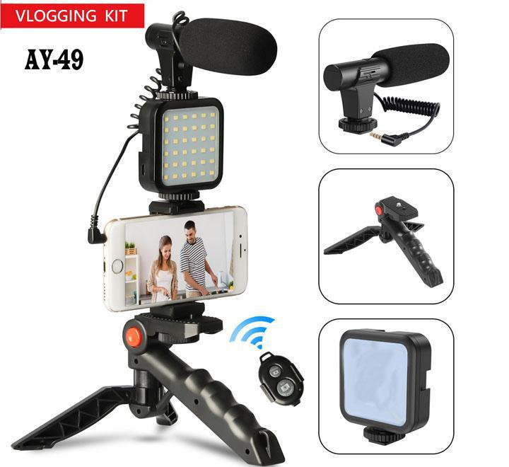 AY-49 Video Vlogger Kits Microphone LED Fill Light Mini Tripod With Remote For Phone Vlog Video Recording Condenser