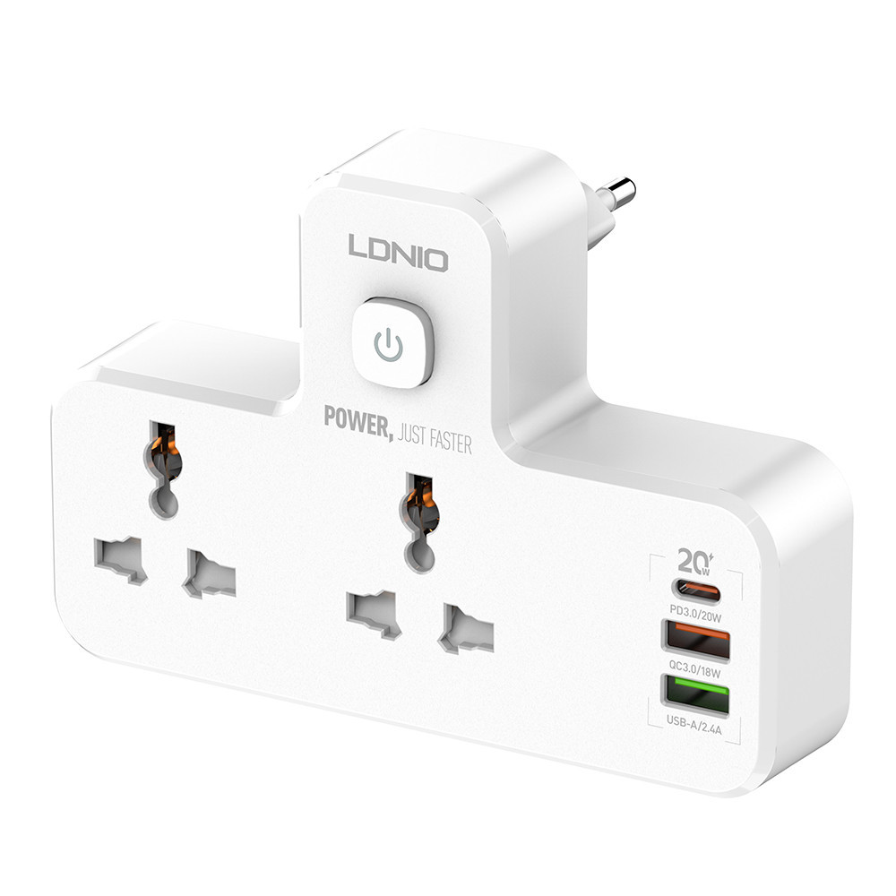 LDNIO SC2311 20W (1 USB-C & 2 USB-A) 2-Outlets PD & QC3.0 2-Ways Power Socket and 3 USB Port for A Better Performance Multi Plug