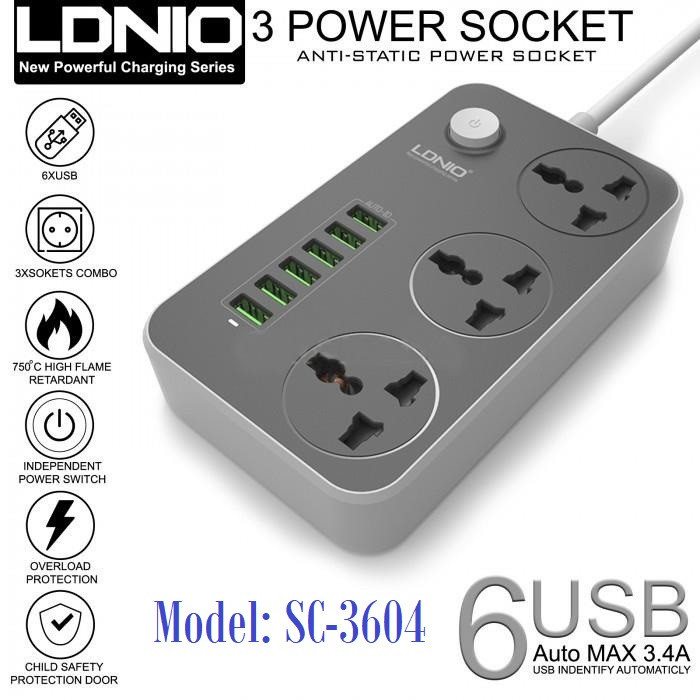 LDNIO SC3604 Power Strip With 3 AC Sockets + 6 USB Ports Multi Plug