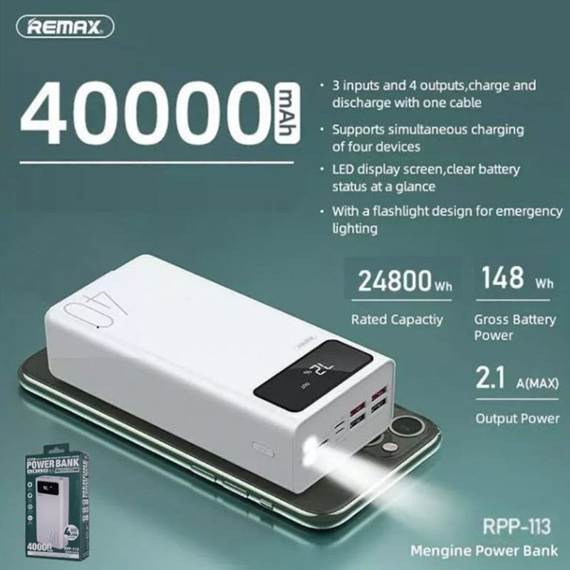 Remax RPP-113 40000mAh Power Bank with 4 USB Output and 3 Input LED Display