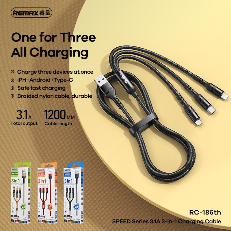 Remax RC-186th Speed Series (3 in 1) 1.2-Metar  3.1A USB Charging Cable