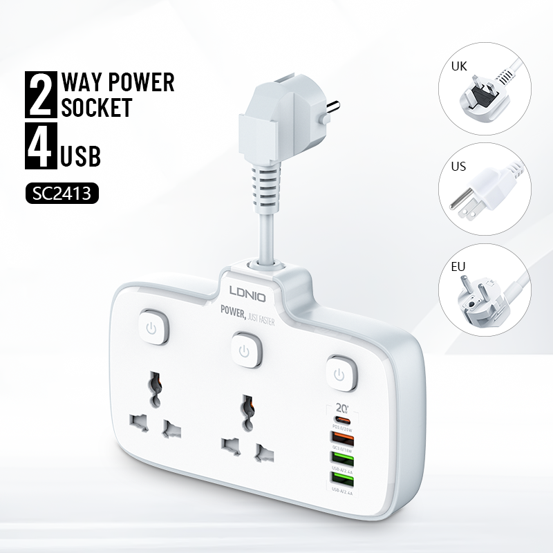LDNIO SC2413 (1 PD & QC3.0 & 2 Auto-ID) 2 Universal Outlets Power Socket