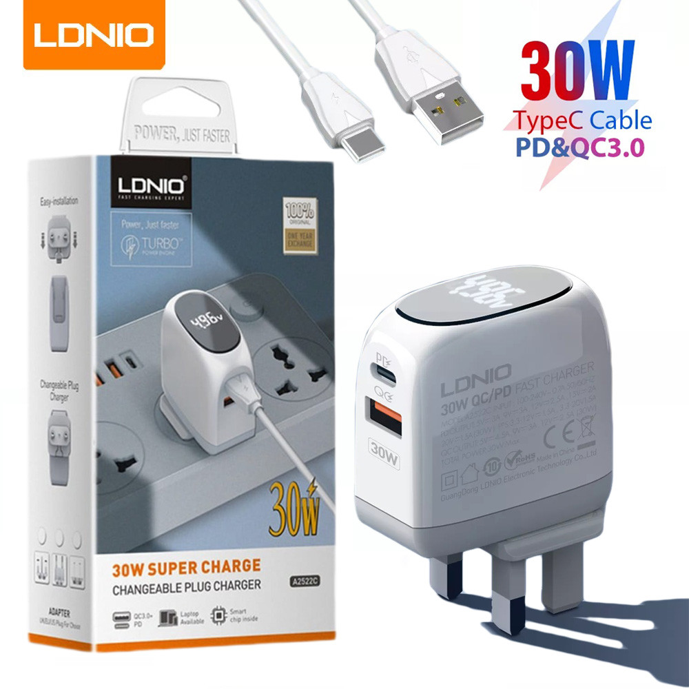 LDNIO A2522C 30W QC 3.0 + PD Super Fast Charge Charger With Display
