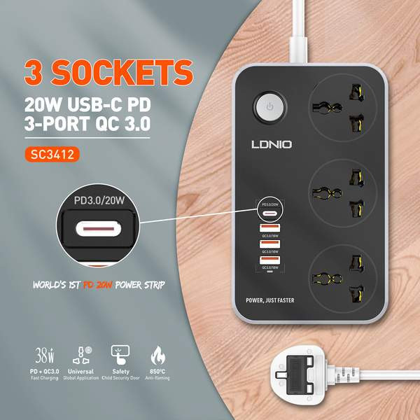 LDNIO SC3412 (3 Ways Power Socket and 4 USB Port) USB-C Output PD3.0 20W Max + USB-A QC3.0 18W Max with Rated Power 2500W Output Max