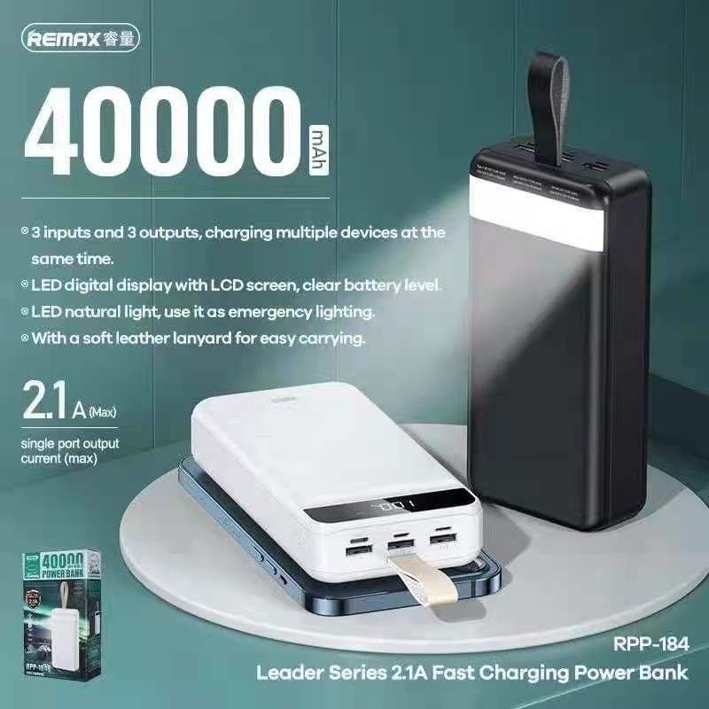 Remax RPP-184 40000mAh Leader Series Fast Charging 2.1A Power Bank 3 Inputs 3 Outputs