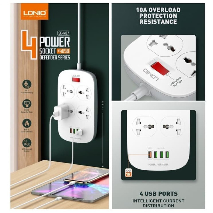 LDNIO SC4407 4 Power Socket and 4 USB Charging Port (1-Port-18-Watt) With Power Extension Cord